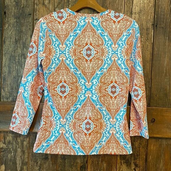 J. McLaughlin S Blue Orange Bali Design Round Neck Long Sleeve Top - Picture 3 of 8